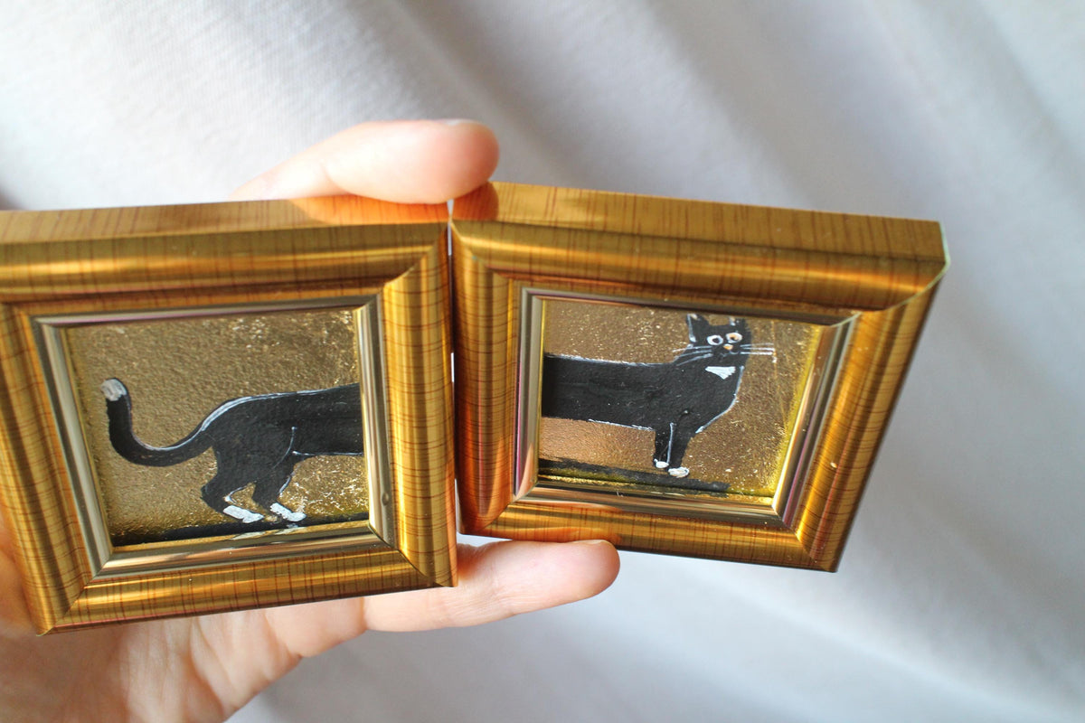 Black Cat Oil Painting With Gold Leaf: Original Framed Double Art 2x2