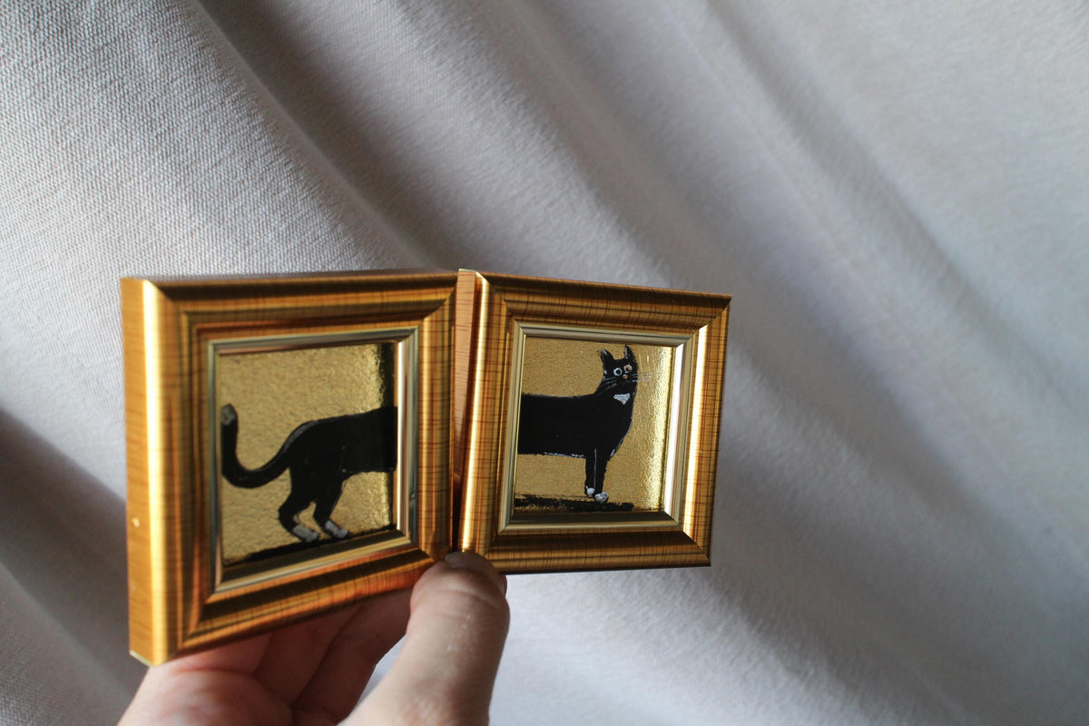 Black Cat Oil Painting With Gold Leaf: Original Framed Double Art 2x2