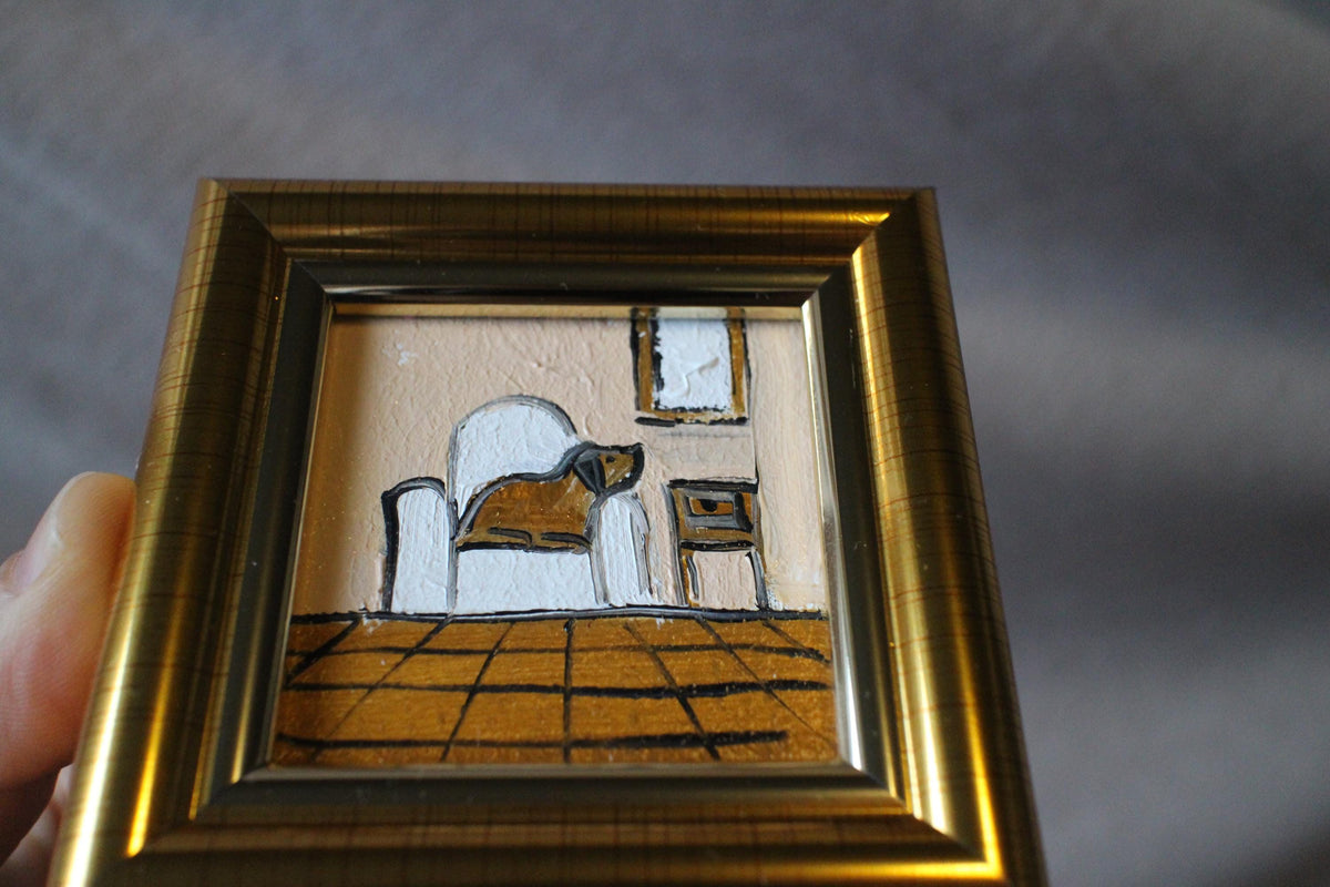 Framed brown Dog Oil Painting: Sleeping on the chair Puppy Portrait (2x2 in)